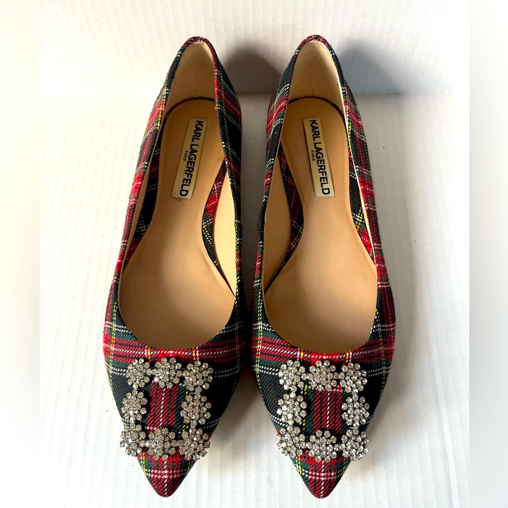 Karl Lagerfield tartan plaid embellished pointy flats size US 7